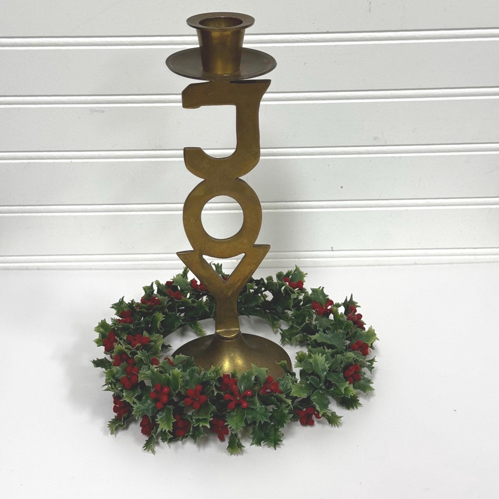 Brass Joy Christmas candlestick and berry wreath set